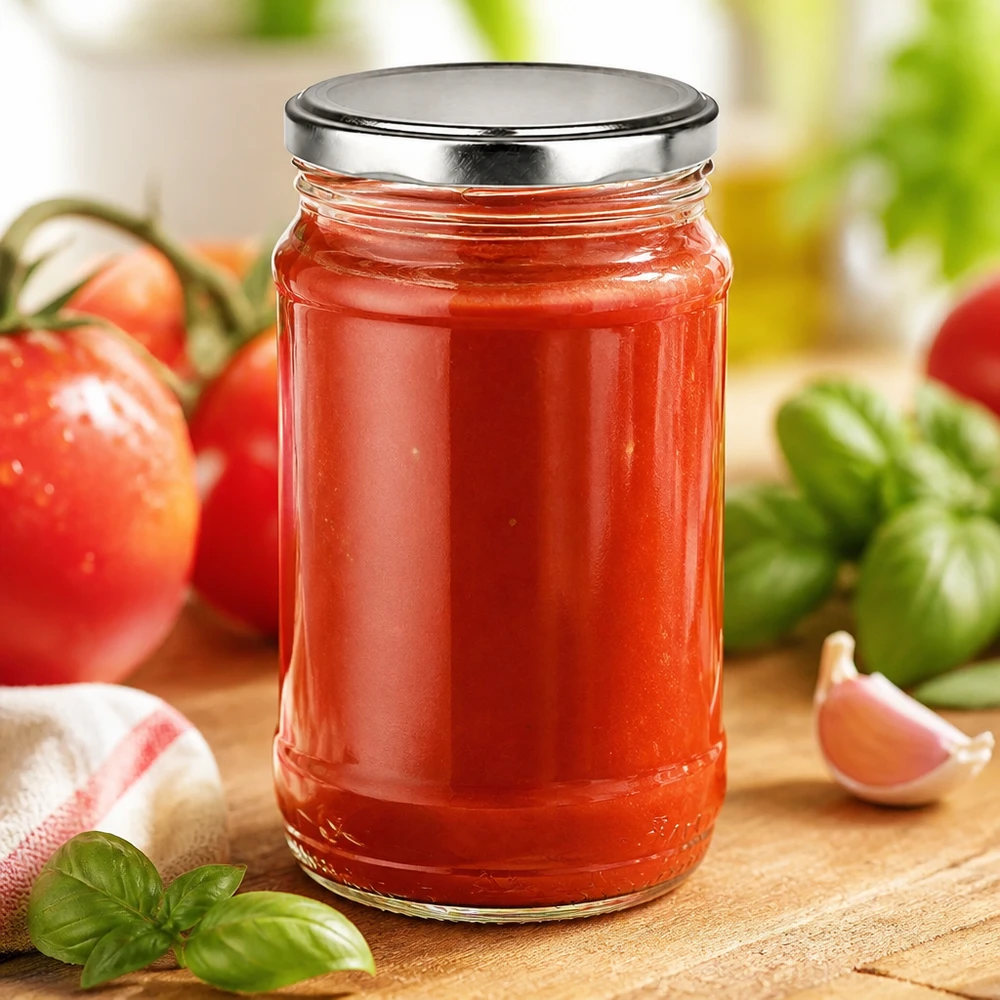 Frasco redondo de cristal BasicSeal plateado de 370 ml lleno de salsa de tomate, junto a tomates frescos y albahaca