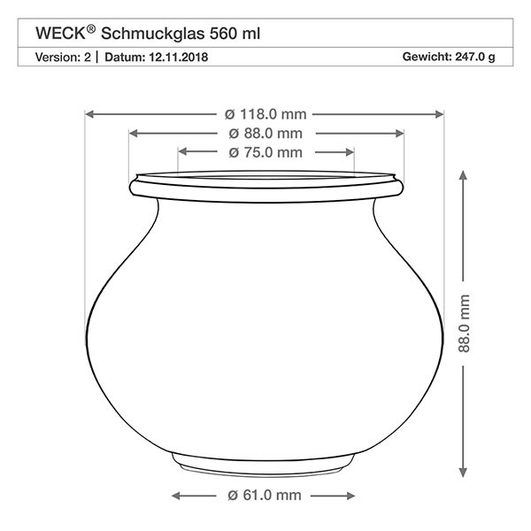 Tarro joyero de 560ml WECK RR80 con corcho natural WECK tarro de joyería 560ml RR80 dibujo técnico con dimensiones diámetro altura peso especificación del producto