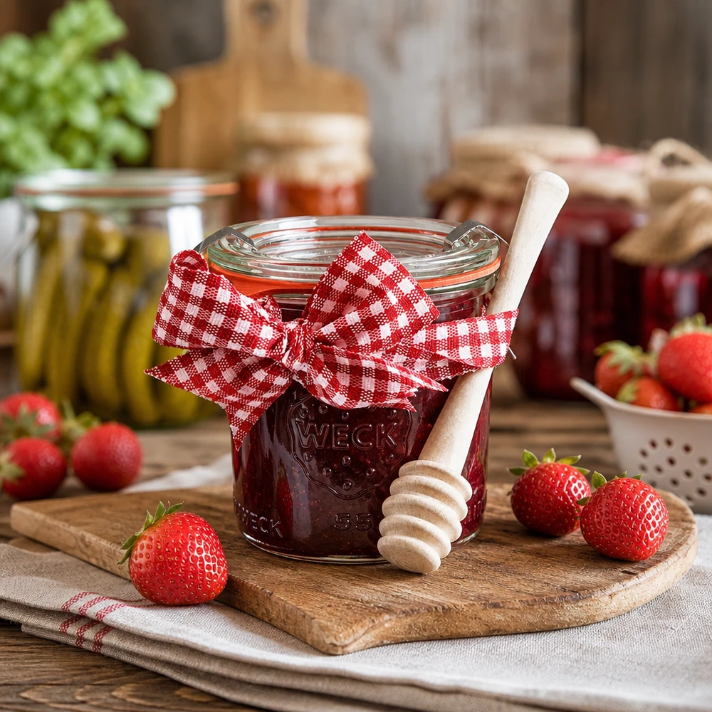 WECK-Mini-Sturzglas 140ml komplett mit Honiglöffel WECK tarro 140ml relleno de mermelada de fresa miel cuchara madera fresas frescas cocina rustica conservas