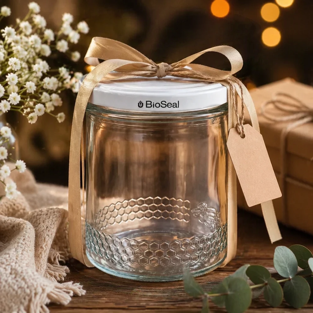 Tarro para miel de 560 g con tapa blanca BioSeal UNiTWIST Tarro de miel de 400 ml vacío con tapa blanca BioSeal de regalo decorado con un lazo dorado y un colgante