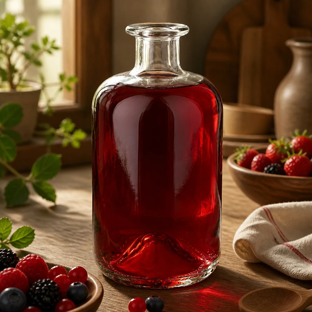 Botella de cristal Luna 500ml llena de zumo de bayas rojas entre bayas frescas sobre una mesa rústica de madera como inspiración decorativa.