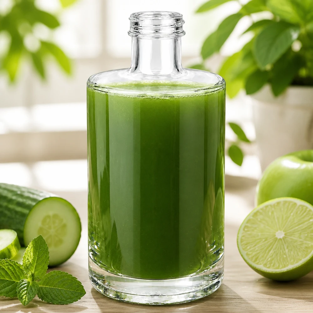 Botella de vidrio de 375 ml «Sam» sin tapón de rosca UNiTWIST® Botella de cristal de 375 ml de Sam llena de batido verde junto a pepino, lima y menta sobre fondo de madera clara
