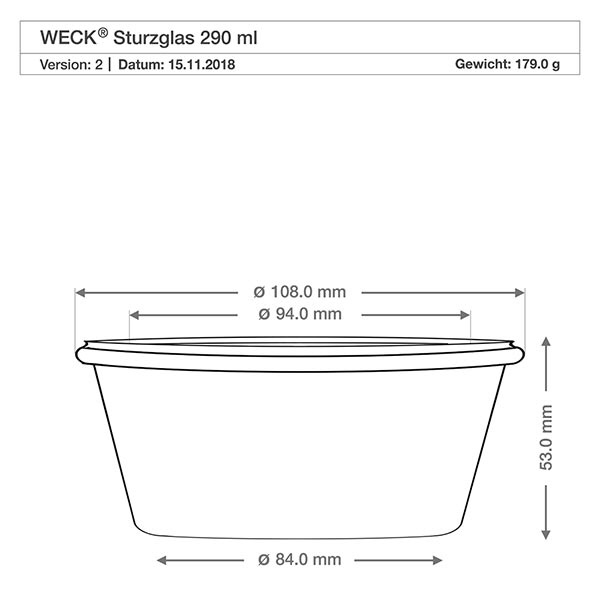 Tarro bajo de 290ml WECK RR100 con corcho natural Dibujo técnico Vasos WECK 290ml RR100 con dimensiones Diámetro 108mm Altura 53mm Peso 179g