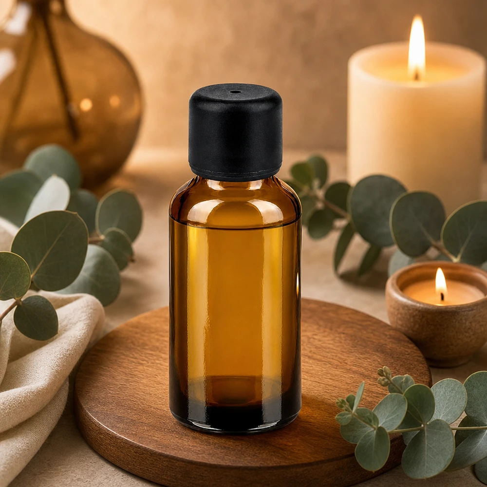 Frasco boticario pequeño de 30 ml de vidrio marrón con tapón negro para aromaterapia