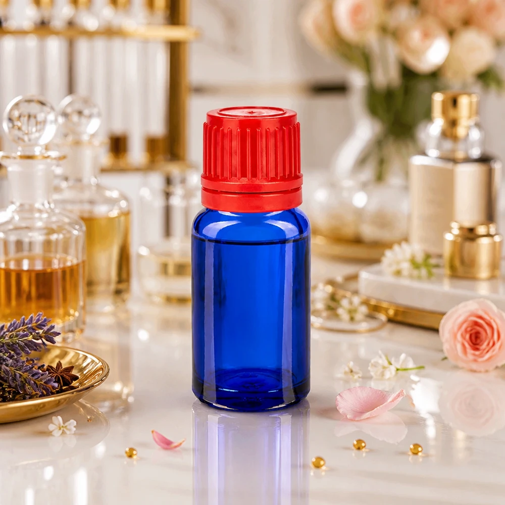 Frasco de vidrio BlueLine de 10 ml con tapón rojo de 11 mm ideal para aceites de perfume y esencias