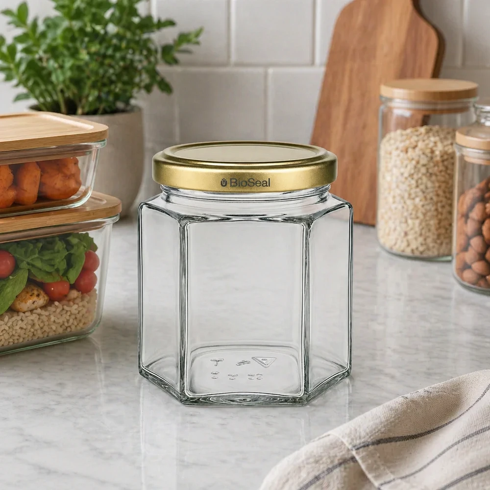 Tarro de miel hexagonal BioSeal vacío de 520 g con tapa dorada en la encimera de la cocina junto a tarros de almacenaje y utensilios de cocina.