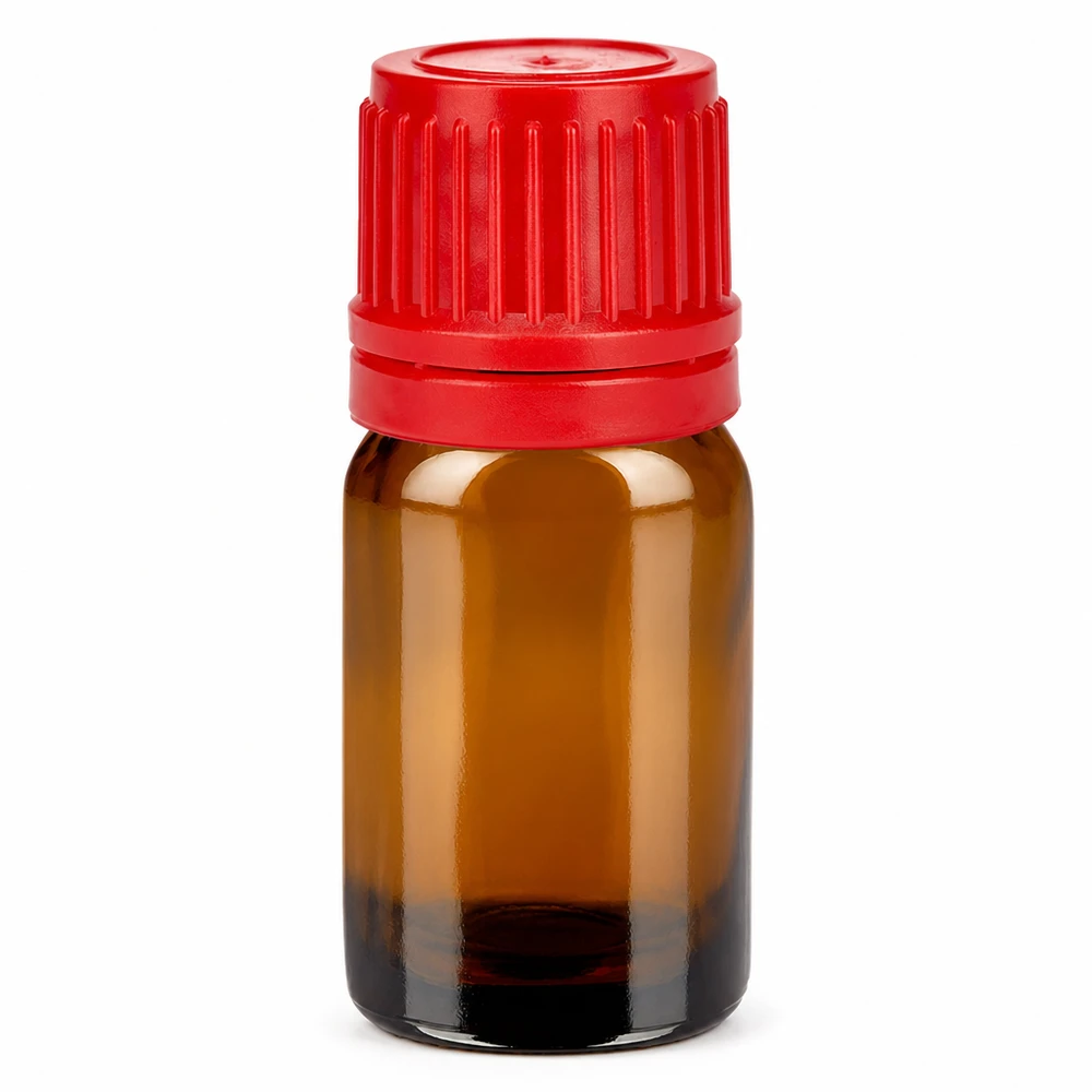 Botella 5ml tapón rosca 11mm rojo BrownLine UT18/5 Frasco de vidrio ámbar de 5 ml con tapón rojo para aceites esenciales y aromaterapia