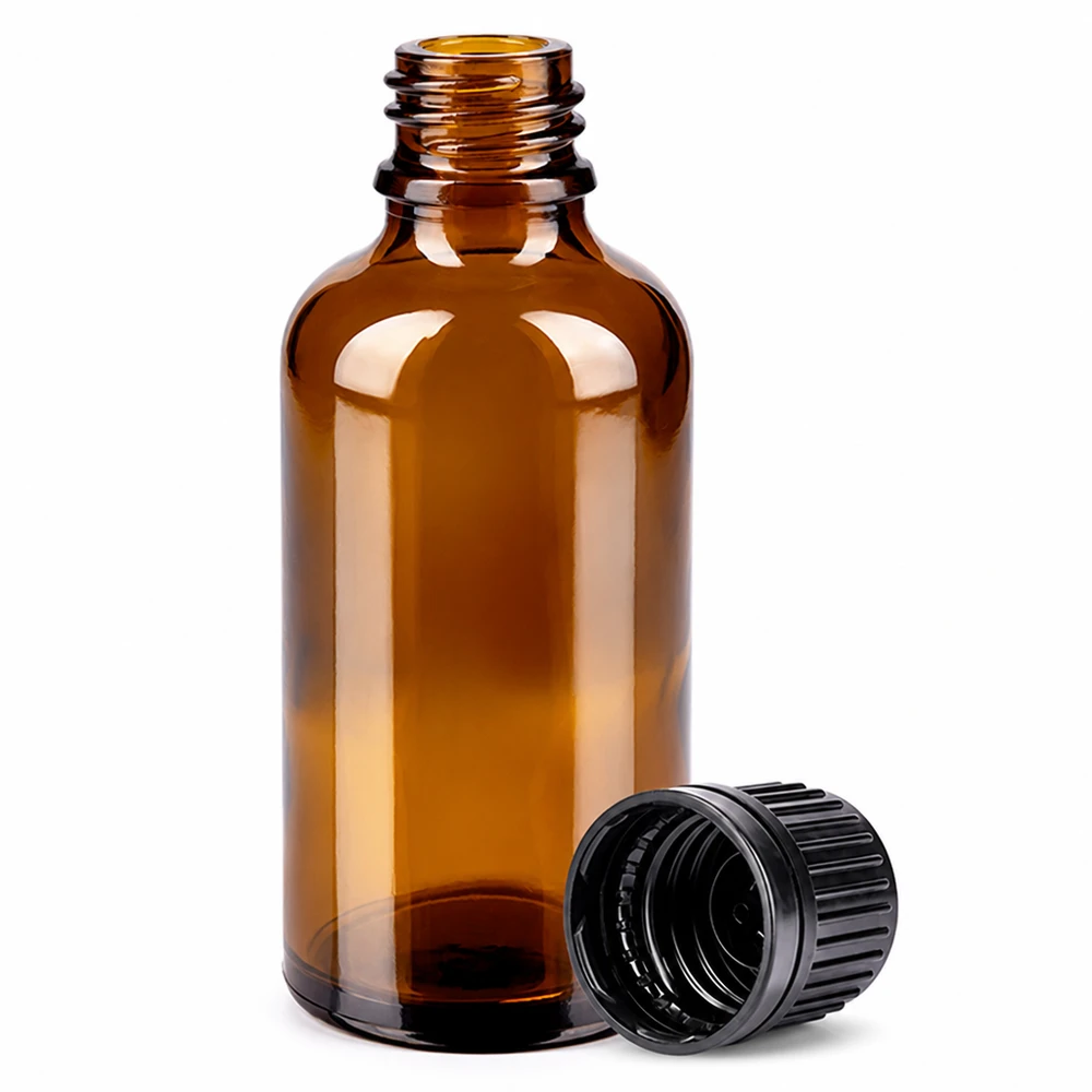 Frasco boticario marrón de 50 ml con rosca y tapón extraíble para sustancias fotosensibles