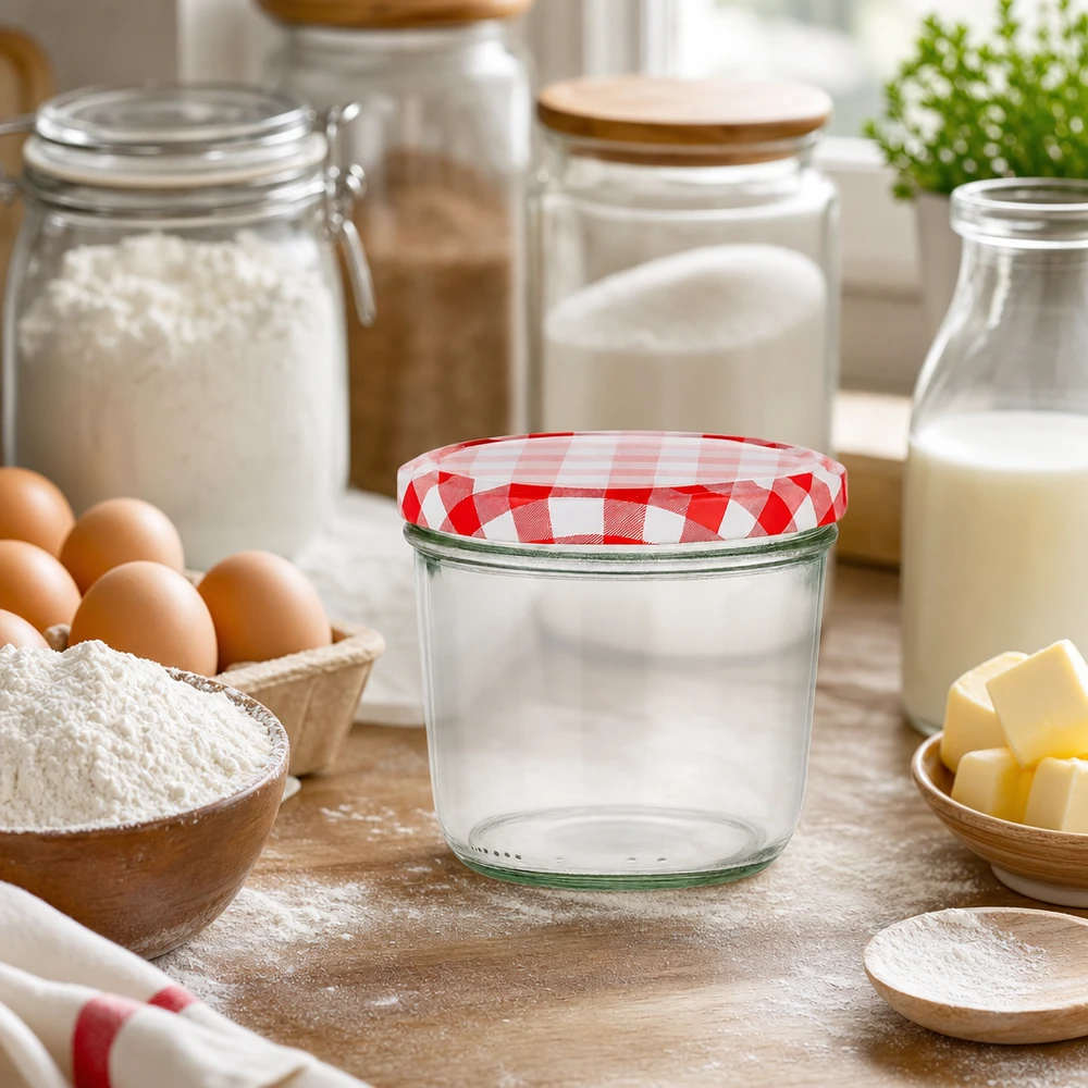 Vasos vacíos de 230 ml con tapa BasicSeal a cuadros rojos y blancos en la cocina de la panadería entre la harina, los huevos y los productos lácteos.