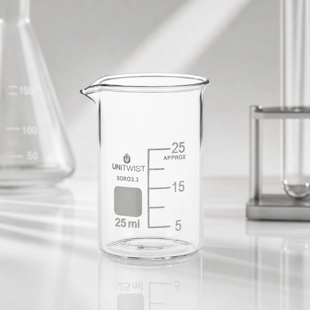 Vaso de precipitados transparente y vacío de 25 ml, de perfil bajo, de borosilicato 3.3, de la marca UNiTWIST, sobre una mesa de laboratorio blanca