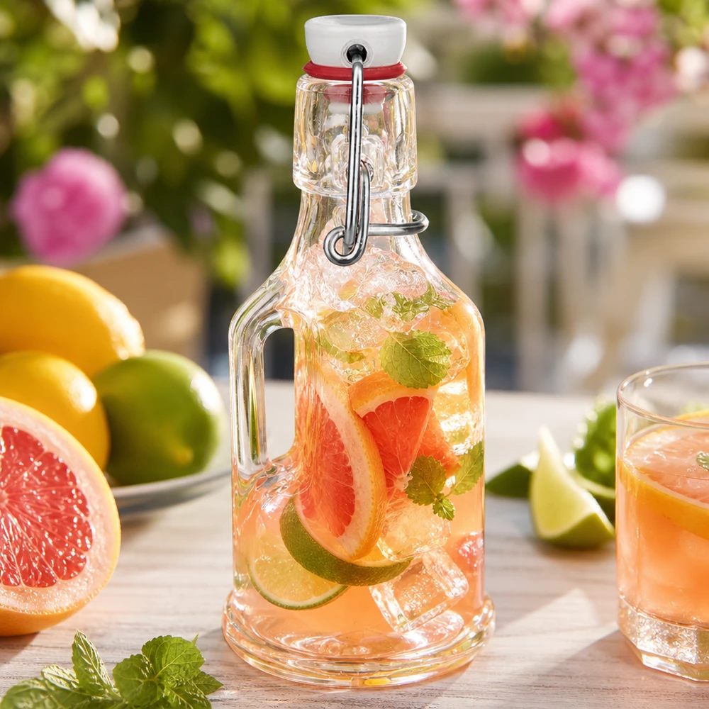 Botella de vidrio de 200 ml «Bertha» y tapón de porcelana UNiTWIST® Botella de cristal Bertha 200ml llena de agua de pomelo y lima Ambiente de jardín Bebida veraniega UNiTW tapa abatible