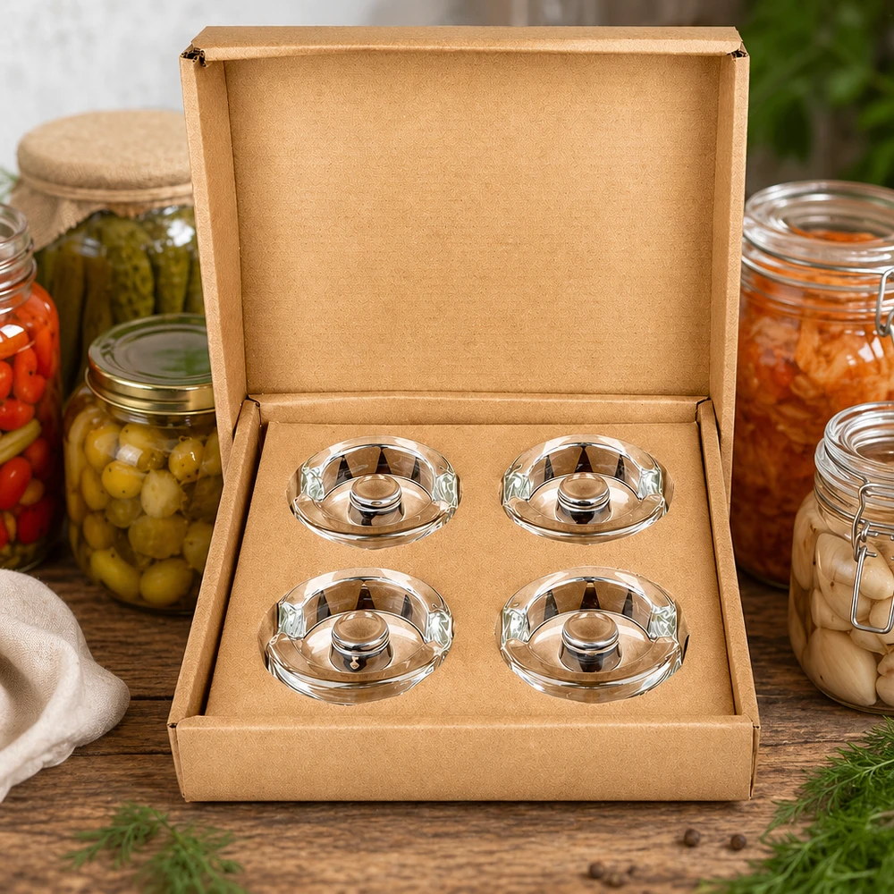 Pesas de vidrio para fermentación con mango juego de 4 UNiTWIST Cuatro pesos para tarros de fermentación UNiTWIST con asa en caja de regalo junto a verduras en escabeche y tarros de conserva