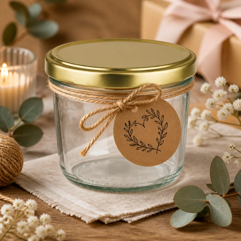 Vasos UNiTWIST dorados BasicSeal de 230 ml decorados con cinta de regalo y etiqueta de papel kraft