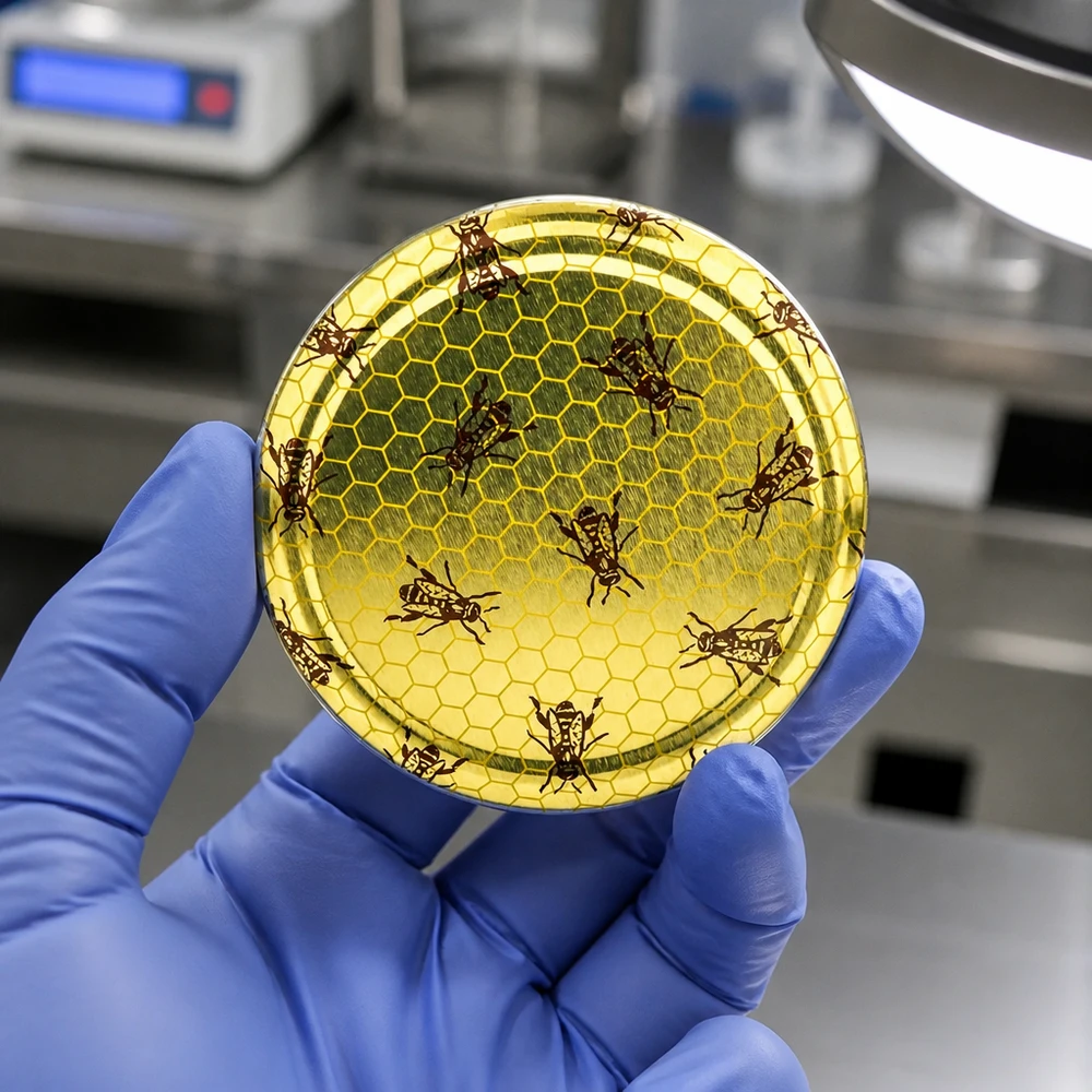 La imagen de laboratorio muestra la tapa BasicSeal de 82 mm con diseño de panal de abeja TO82 de UNiTWIST en una cámara de guantes