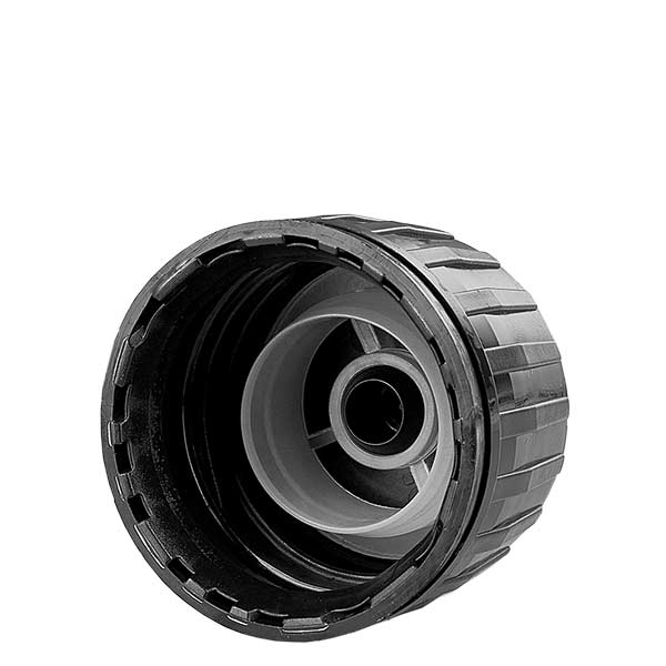 Tapón roscado negro para frascos med. con anillo OV y anillo vertedor Tapón roscado negro para frascos med. con anillo OV y anillo vertedor