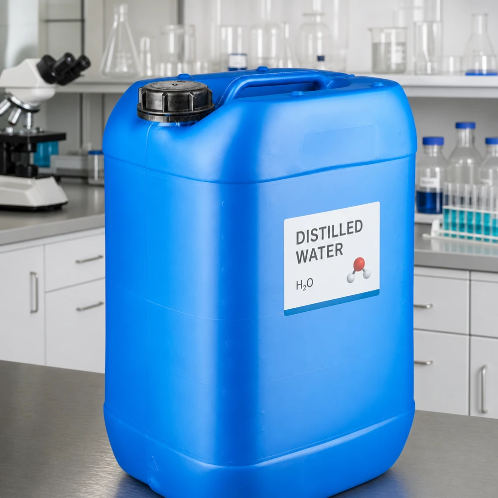 Bidón azul de 25 litros con tapón OV para agua destilada H₂O en el laboratorio