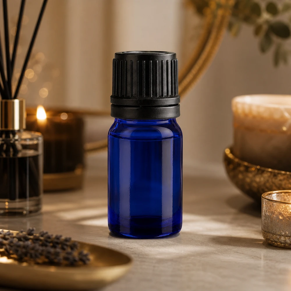 Frasco compacto de vidrio de 5 ml con tapa negra antideslizante estriada para una manipulación segura