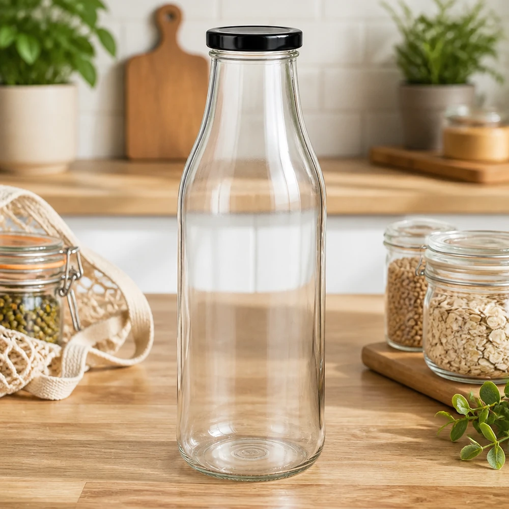 Botella de vidrio de 1000 ml + tapa BasicSeal negra UNiTWIST 1000ml Glasflasche mit schwarzem Deckel in Zero-Waste Küche zwischen Vorratsgläsern und nachhaltigen Utensilien
