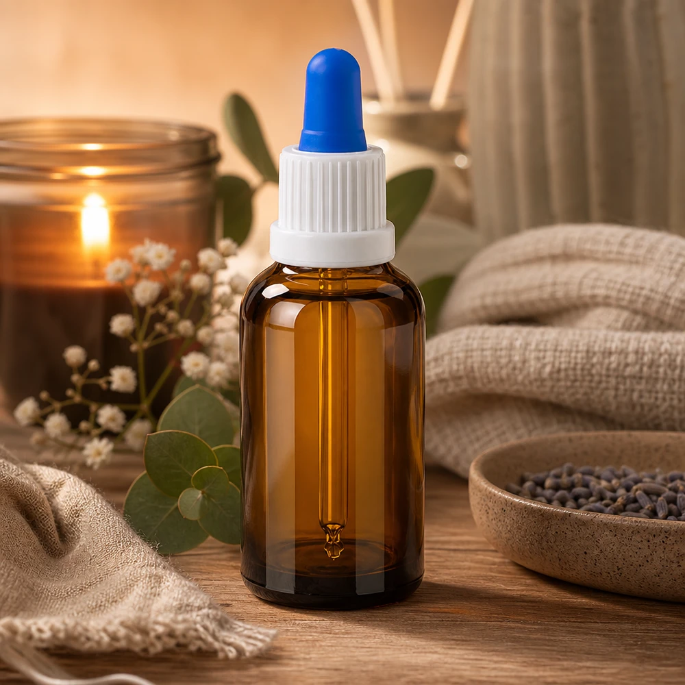 Frasco pipeta de 30 ml con punta de pipeta azul para la dispensación controlada de gotas en aromaterapia