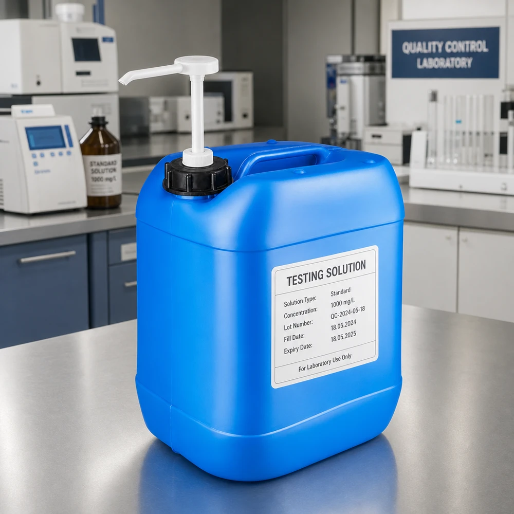 Bidón azul de 20 litros con etiqueta «Solución de prueba 1000 mg/l» y bomba dosificadora en el laboratorio de calidad