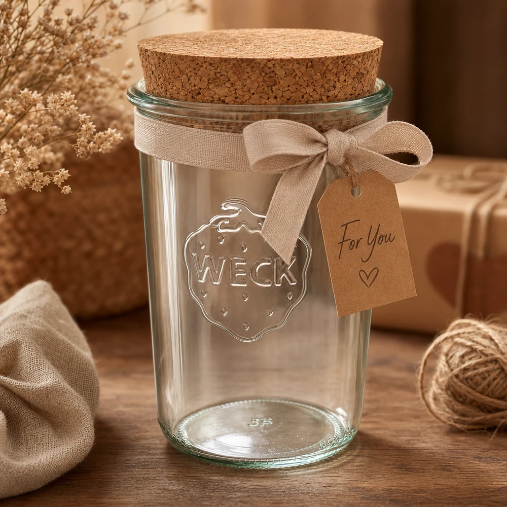 Vasos WECK 850ml RR100 decorativos con cinta de tapa de corcho y etiqueta de regalo como idea de regalo