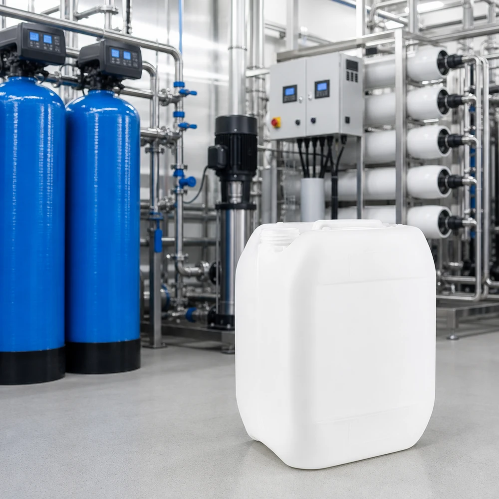 Planta de tratamiento de agua con un bidón blanco de 10 litros sin tapón para la dosificación de productos químicos