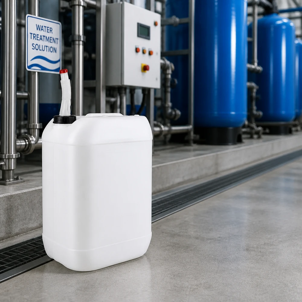 Depósito para el tratamiento del agua de 25 litros con tubo de salida flexible en una instalación profesional de tratamiento de agua