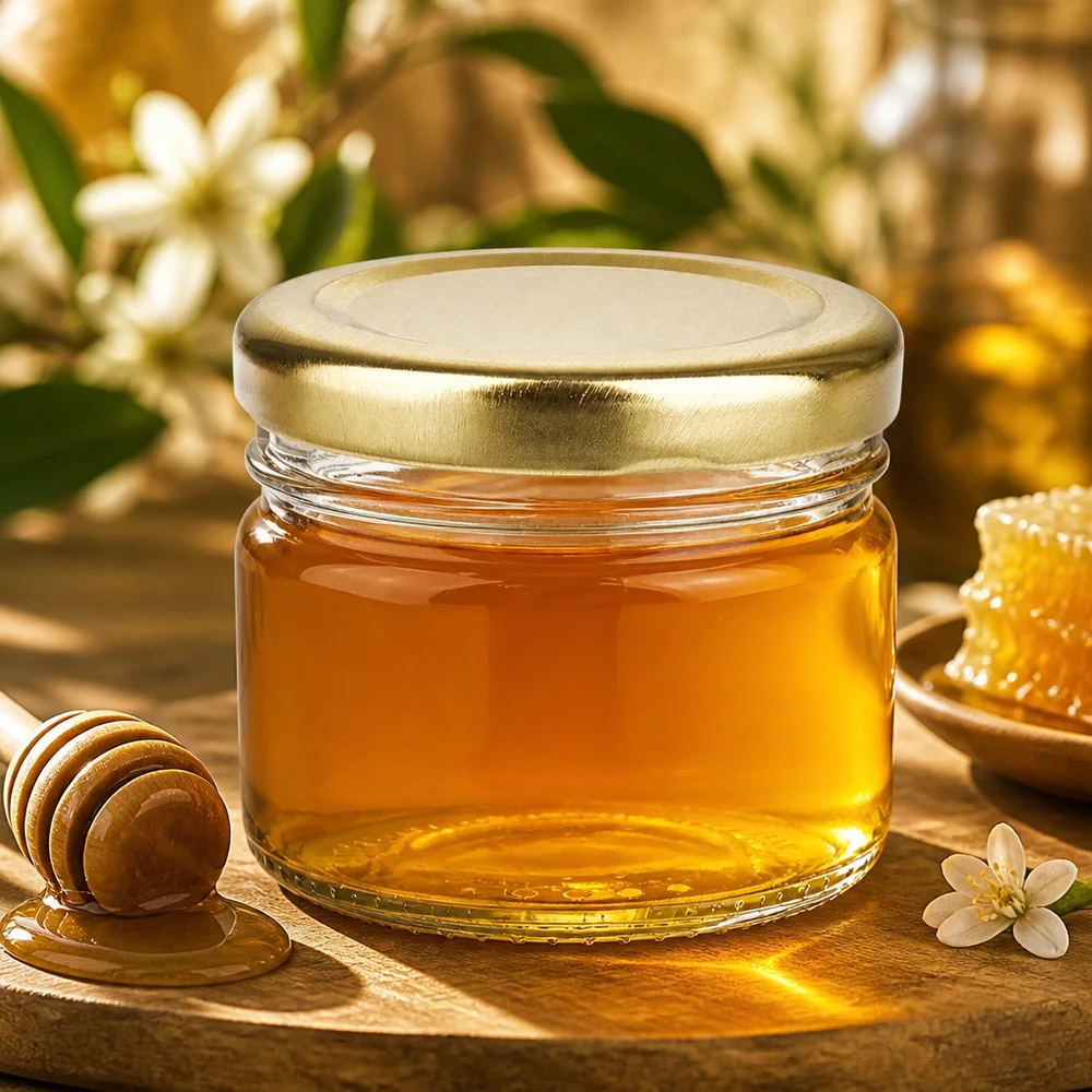 Miel en un frasco redondo de cristal de 33 ml con tapa BasicSeal dorada, junto a un panal de abeja y una cucharilla de madera para miel