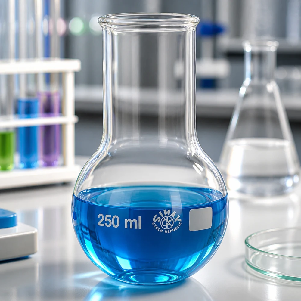 Frasco de fondo redondo de 250 ml con base esférica y cuello largo para trabajos precisos de laboratorio