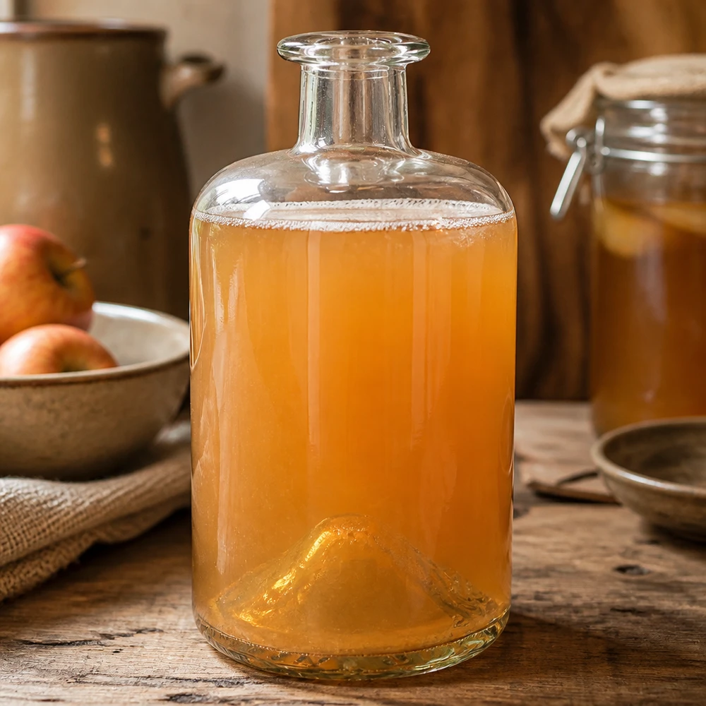 Botella de farmacia de 500 ml «500ml Glasflasche "Sofia" ohne Verschluss UNiTWIST» sin tapón UNiTWIST® 500ml botella de boticario Sofía llena de Kombucha bebida fermentada cocina mesa de madera rústica botella de vidrio UNiTWIST