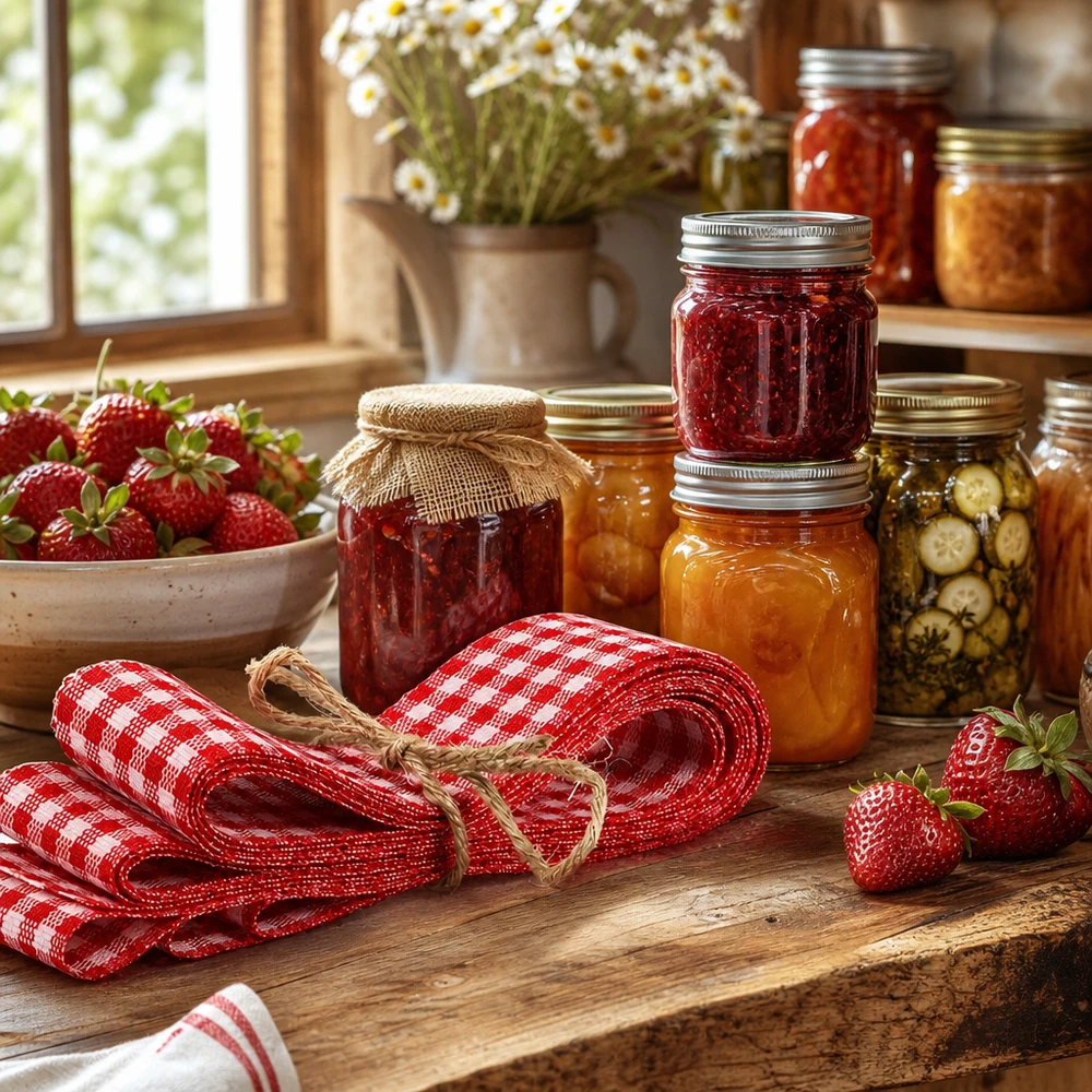 Cinta de tela roja y blanca para decorar, 300 cm Cinta de tela de cuadros rojos y blancos de 300 cm decorativa con tarros de conserva y fresas en una cocina rústica