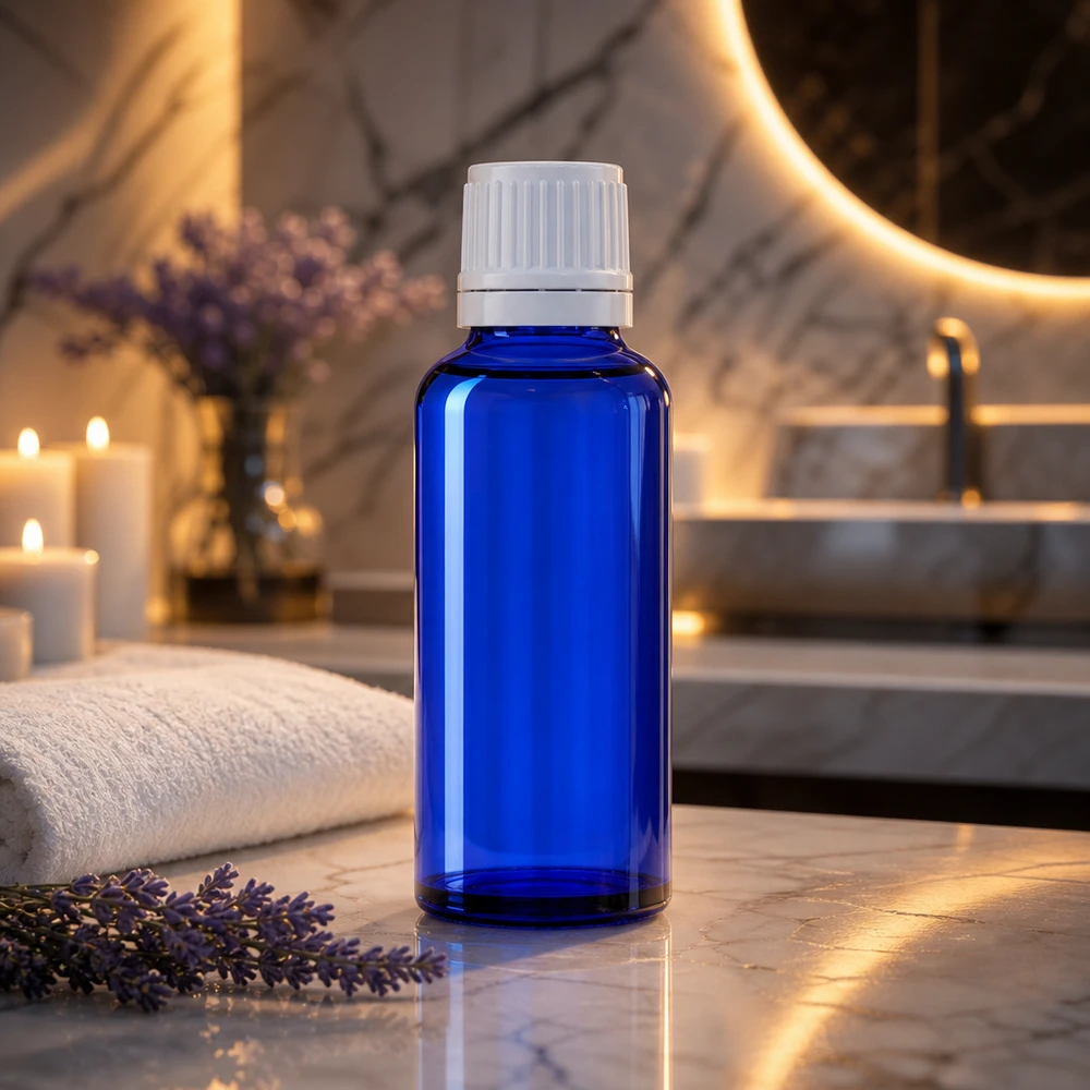 Frasco cuentagotas ApoGlas azul de 30 ml con tapón blanco sobre mármol, junto a ramitas de lavanda y velas