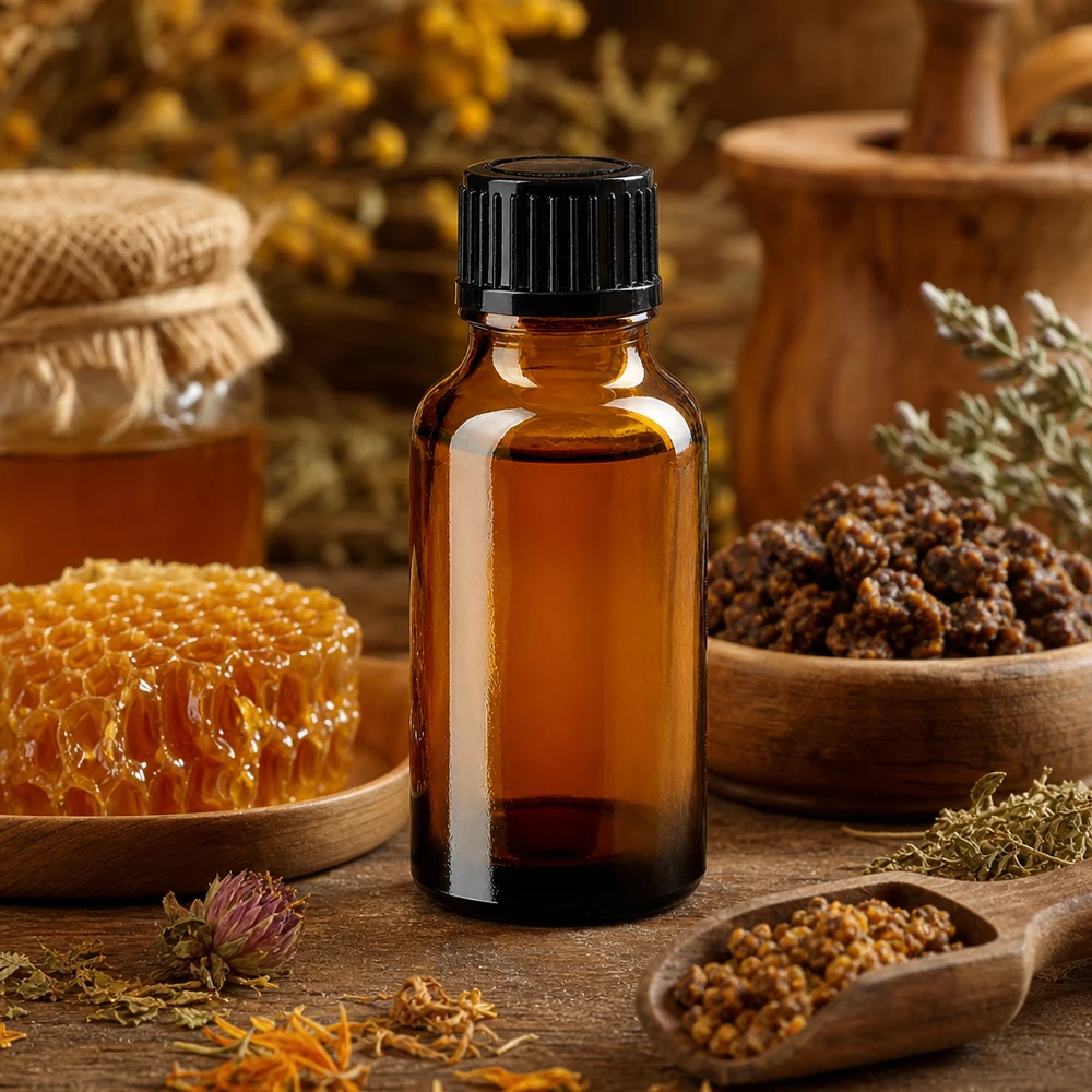 Botella de farmacia marrón 20ml tapón de rosca negro estándar Frasco de cristal marrón de 20 ml con tapón cuentagotas negro, junto a panales de abeja y hierbas medicinales naturales