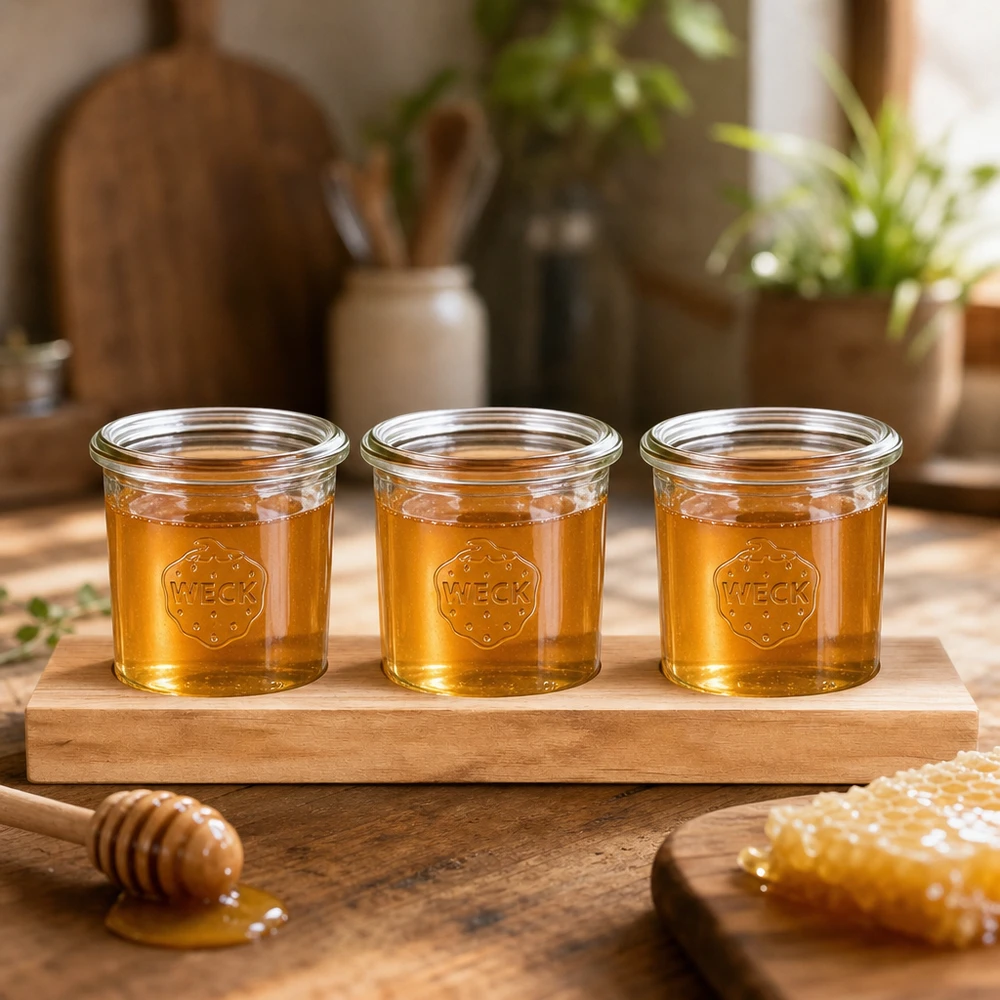 Miel presentada de forma natural en vasos WECK de 140 ml sobre una tabla de madera con cuchara de miel y panal de miel