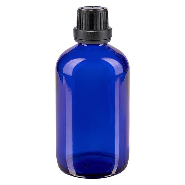 Botella de farmacia azul 100ml tapón de rosca negro cierre inviolable Botella de farmacia azul 100ml tapón de rosca negro cierre inviolable
