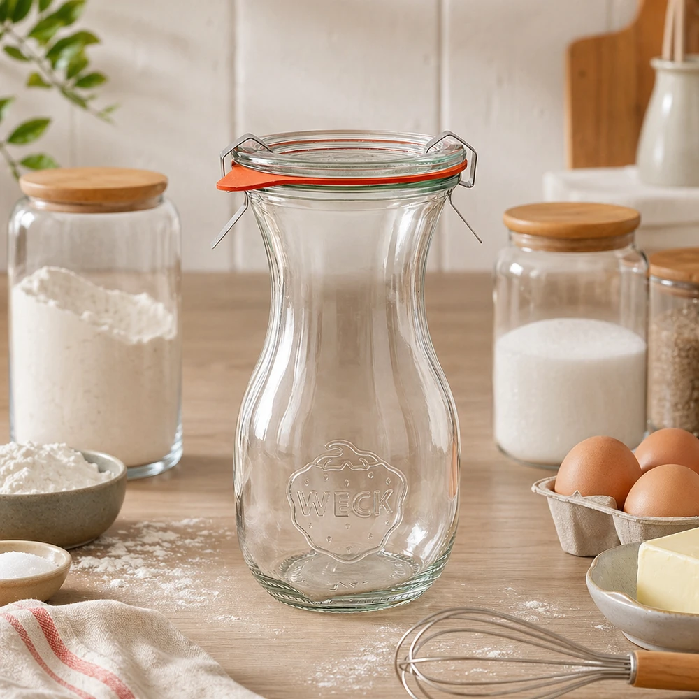 Botella de zumo WECK 290ml RR60 vacía en cocina moderna entre ingredientes de repostería y tarros de almacenaje sobre encimera