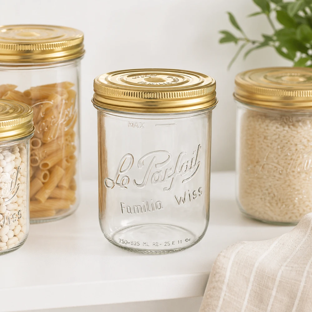 Le Parfait® Familia Wiss 1 kg Ø100 mm tarro Tarro Familia Wiss de 1020 ml con tapa dorada para conservar y almacenar en la cocina
