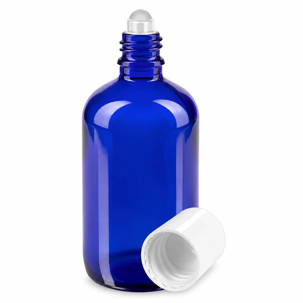 Botella de farmacia azul 100ml tapón roll-on blanco Frasco azul de 100 ml con aplicador de bola, de cristal de farmacia, con tapón blanco y bola aplicadora