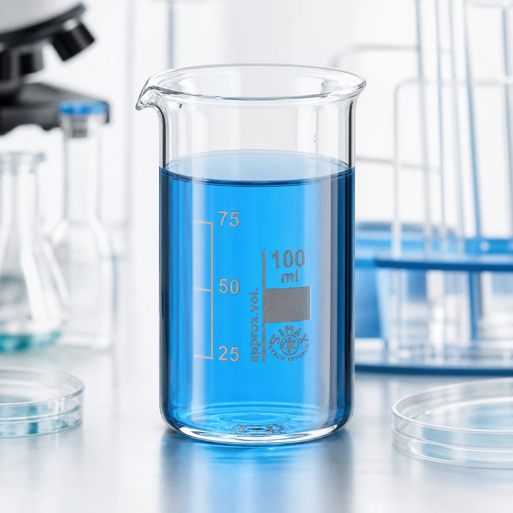 Fotografía de laboratorio: vaso de precipitados de 100 ml de forma alta con un líquido azul sobre fondo blanco