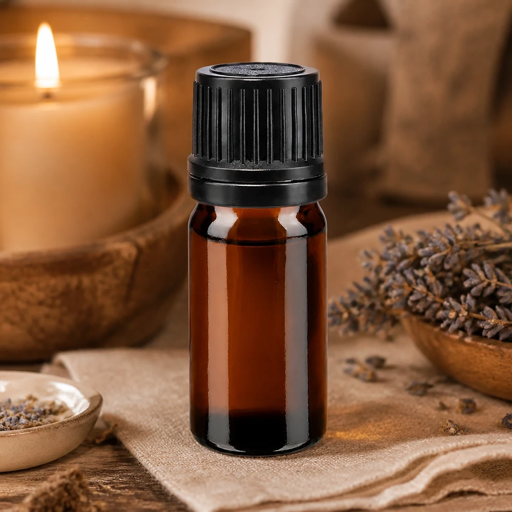 Frasco de cristal de 5 ml de color ámbar con tapón negro estriado sobre fondo de madera