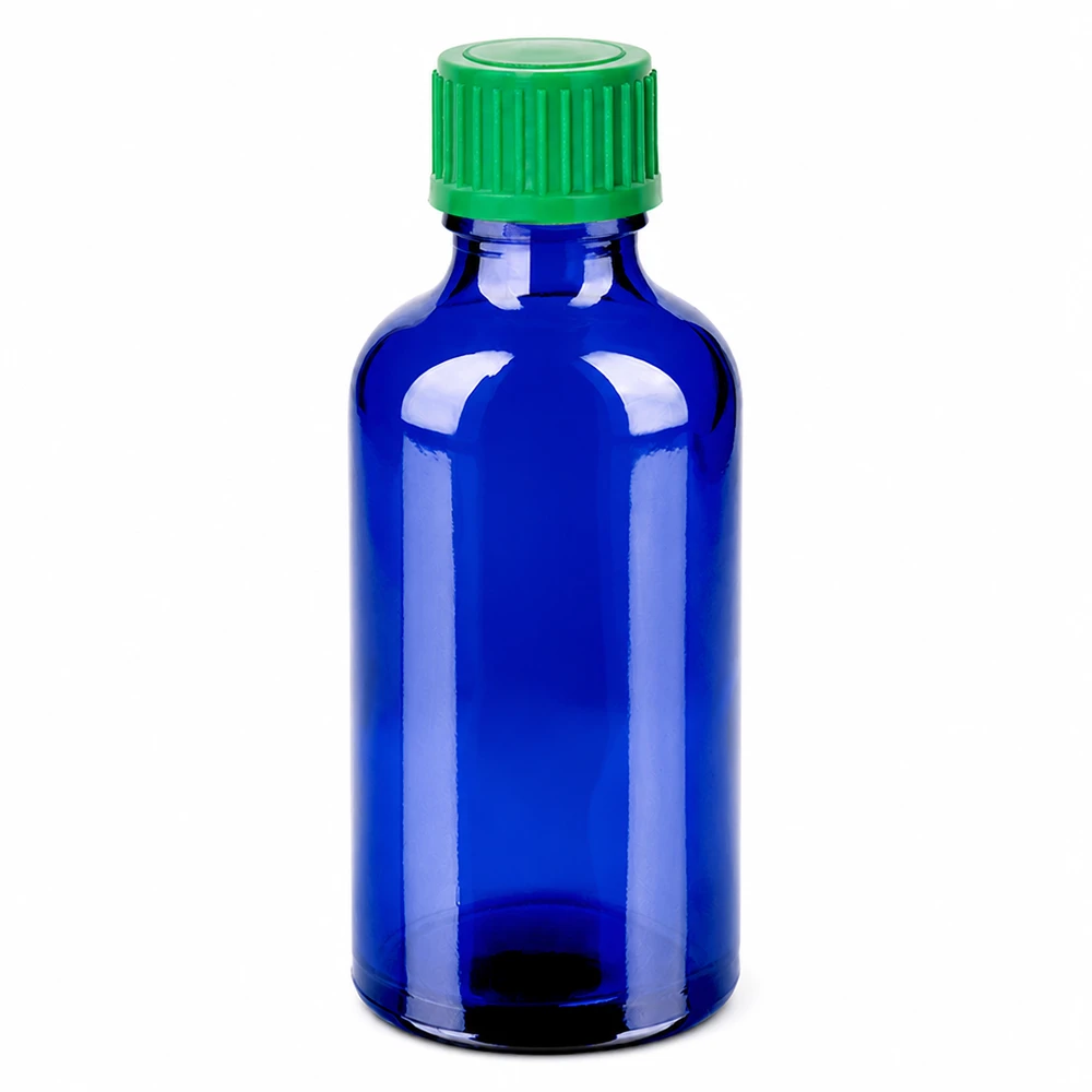 Frasco cuentagotas de 50 ml azul con tapón verde para una dosificación precisa