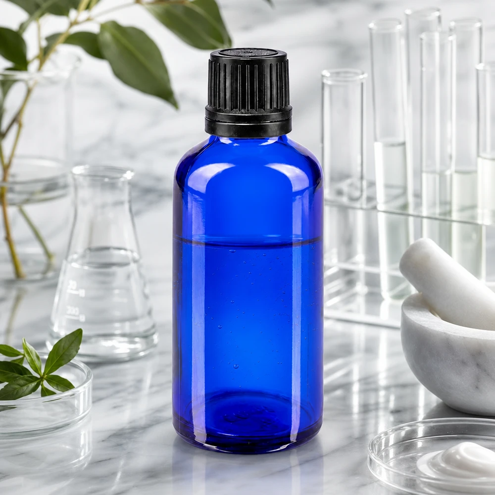 Frasco cuentagotas azul de 50 ml con boquilla cuentagotas de precisión de 1 mm en un entorno de laboratorio con tubos de ensayo