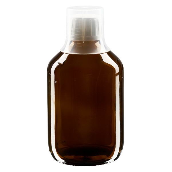 Frasco medicamento 300ml marrón, cierre inviolable con vaso dosificador 30ml ApoGlas Frasco medicamento 300ml marrón, cierre inviolable con vaso dosificador 30ml ApoGlas