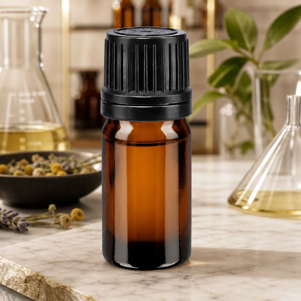 Frasco opaco de 5 ml de vidrio marrón con tapón negro de seguridad para niños de 8 mm