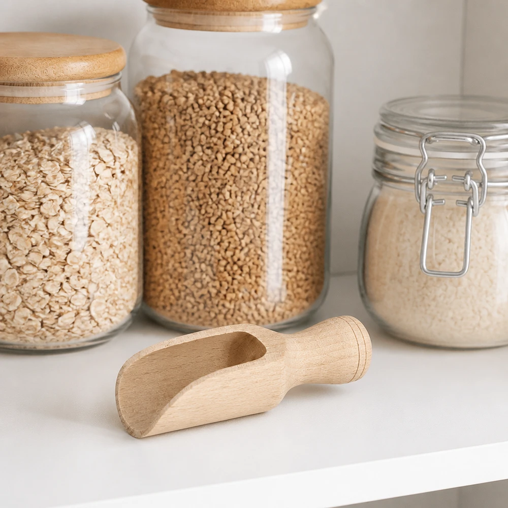 Pala de madera tamaño S forma semicircular - 75mm largo Cuchara de madera de haya S 7,5cm en ajuste de despensa con tarros de almacenamiento para cereales legumbres y harina