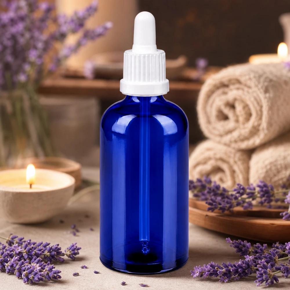 Frasco pipeta de alta calidad de 100 ml de vidrio azul con tapón cuentagotas blanco BlueLine UT18/100