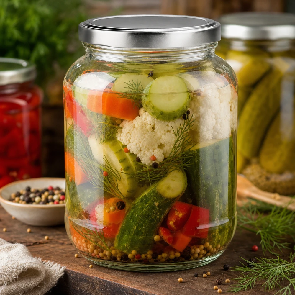Tarro oval de 370 ml con tapa BasicSeal para verduras en escabeche y encurtidos con eneldo y especias