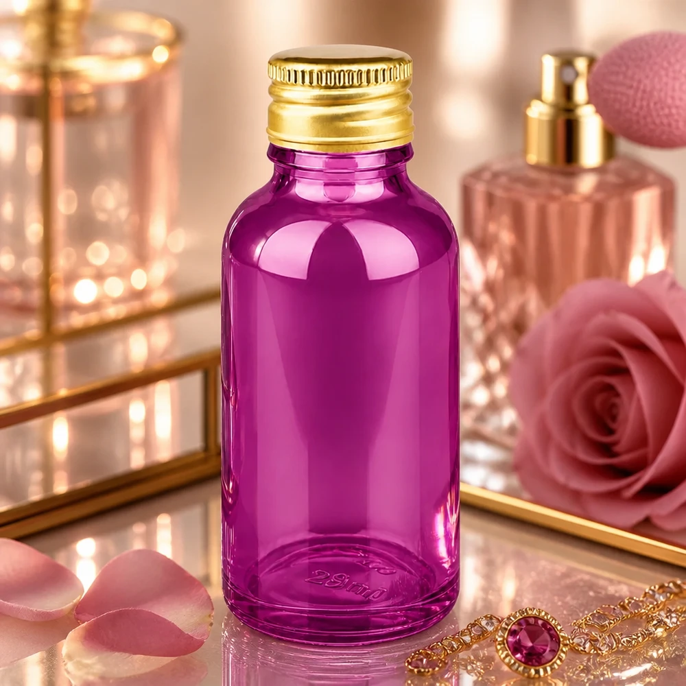 Frasco de 30ml 11mm tapón de rosca aluminio oro estándar PurpleLine. UT18/30 Lujoso frasco de vidrio violeta de 30 ml con superficie brillante y elegante tapón de aluminio dorado STD