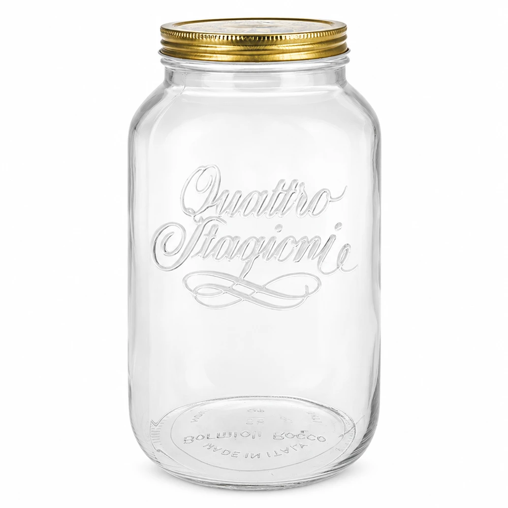 Tarro redondo "Quattro Stagioni" de 3800ml con tapa. Quattro Stagioni tarro redondo 3800ml con tapa de rosca dorada tarro de conserva diseño italiano vacío