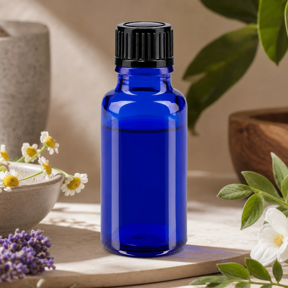 Botella de farmacia azul 20ml tapón rosca negro estándar Frasco de farmacia azul de cristal de 20 ml con tapón de rosca negro a prueba de niños de 11 mm